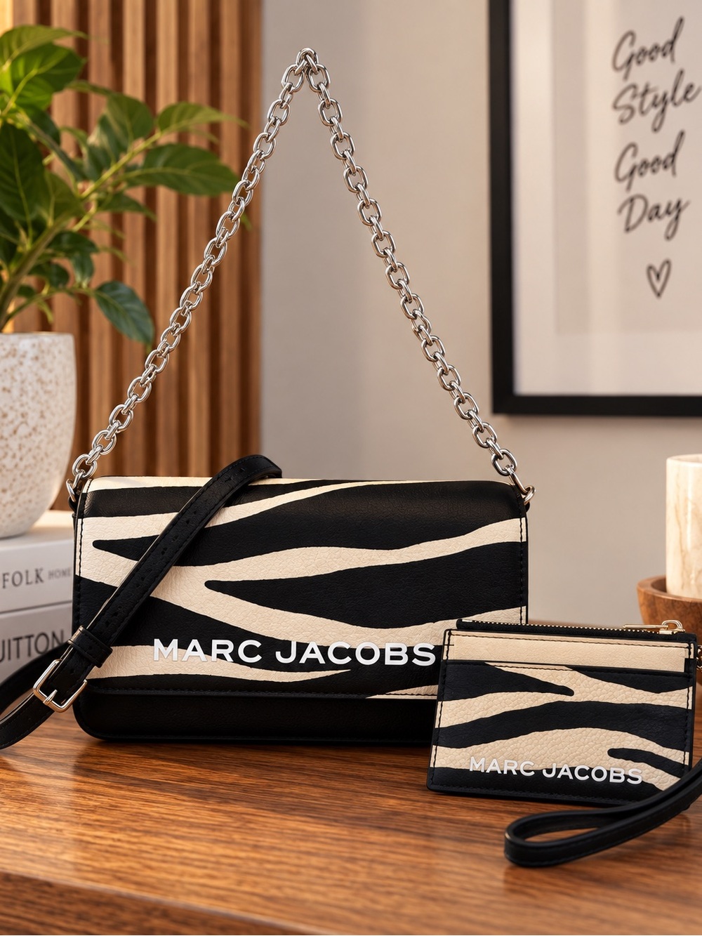 Marc Jacobs Black and Cream Zebra-Print Shoulder Bag with Card Pouch